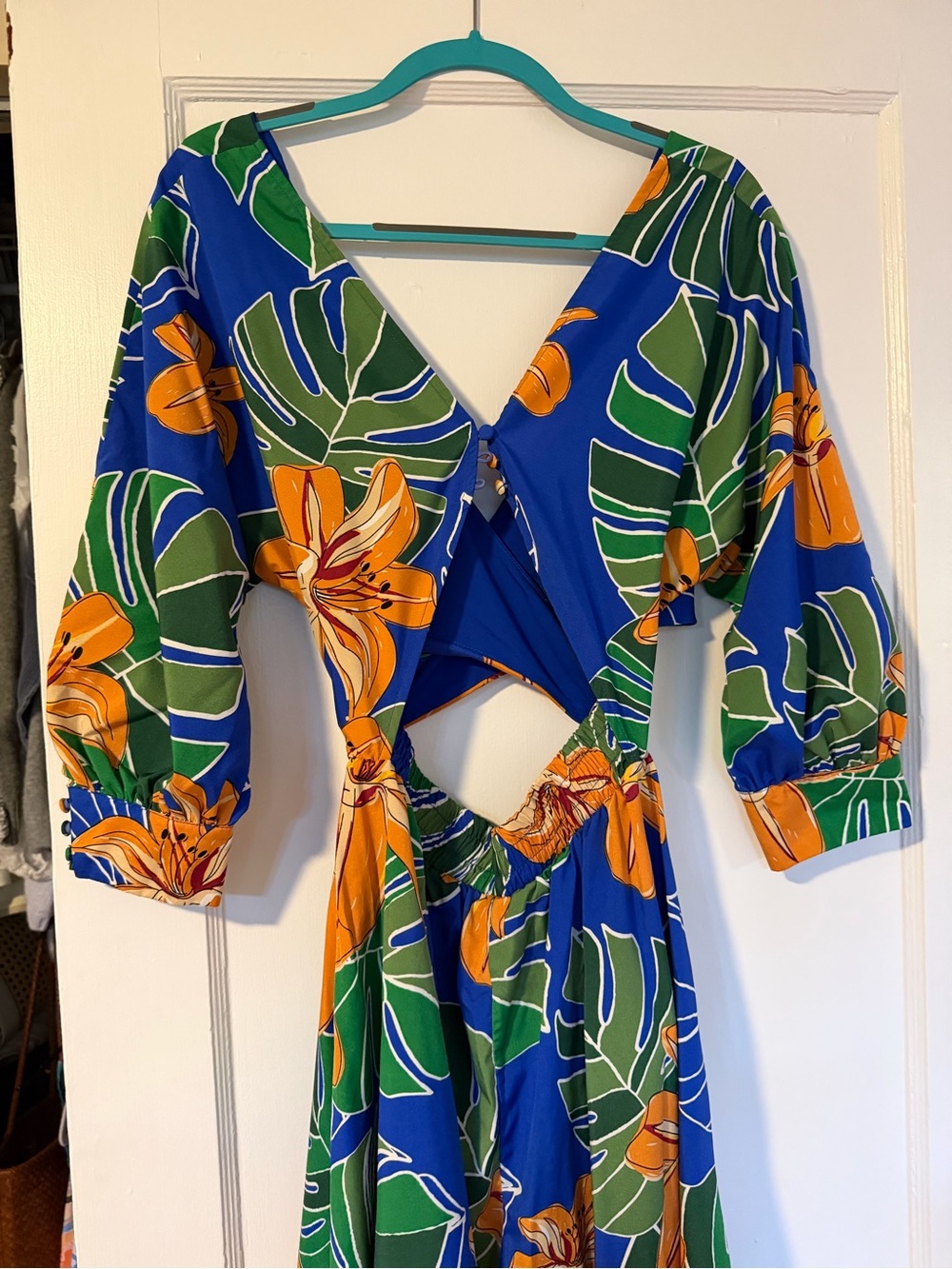 Blue & Green Floral Midi Dress with Orange Accents